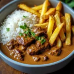Coconut-Infused Beef Curry with Fries and Rice