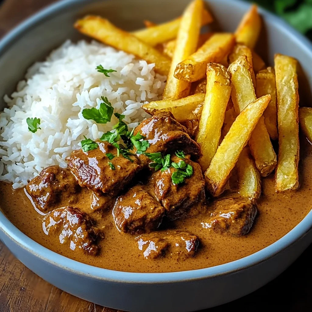 Coconut-Infused Beef Curry with Fries and Rice
