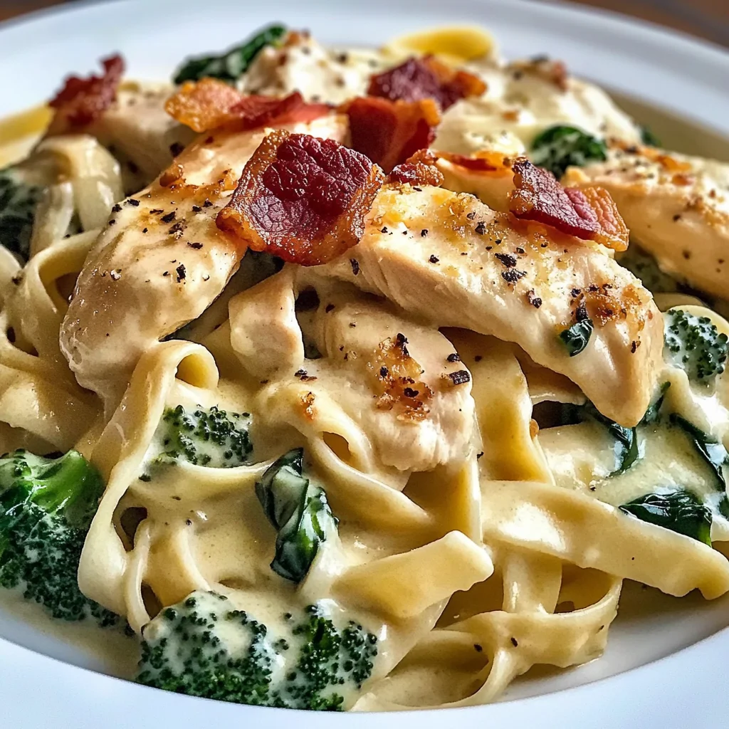 Creamy Chicken Bacon Spinach Fettuccine with Broccoli