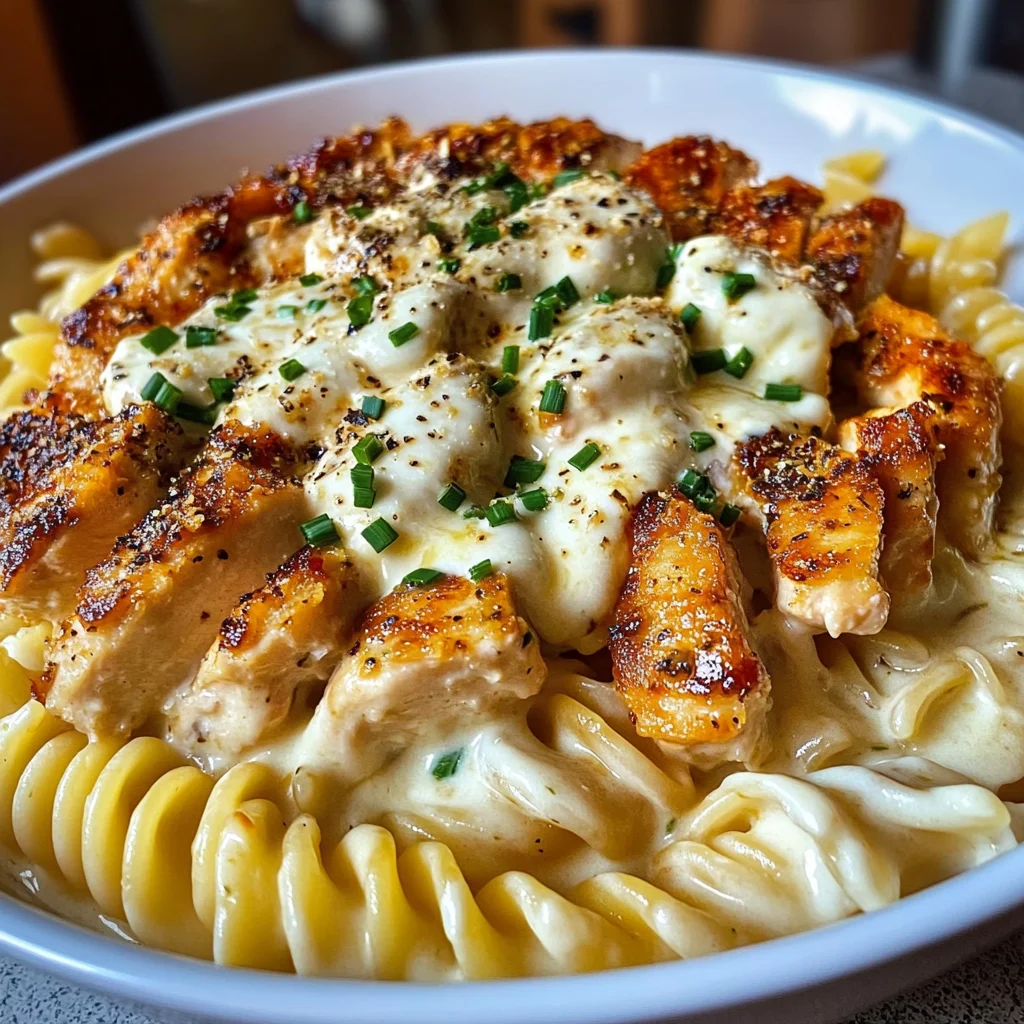 Creamy Mozzarella Alfredo with Garlic Chicken Twisted Pasta