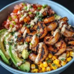 Grilled Shrimp Bowl with Avocado, Corn Salsa & Creamy Garlic Sauce