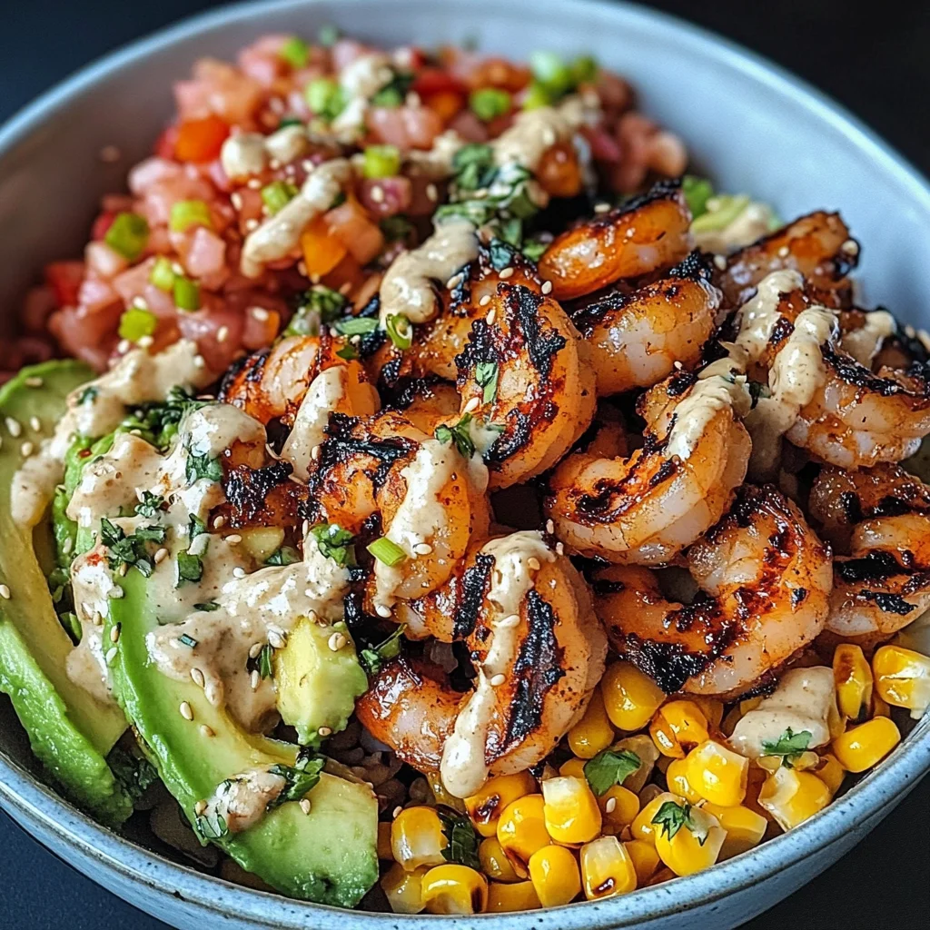 Grilled Shrimp Bowl with Avocado, Corn Salsa & Creamy Garlic Sauce