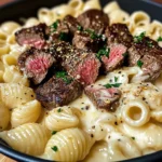 Steak Bites and Shell Pasta in Garlic Butter Alfredo Sauce