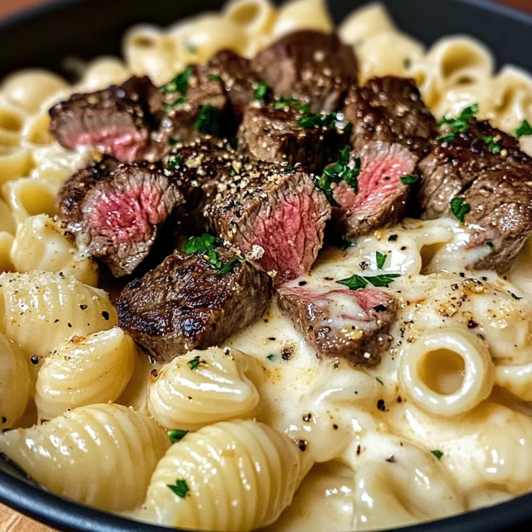 Steak Bites and Shell Pasta in Garlic Butter Alfredo Sauce