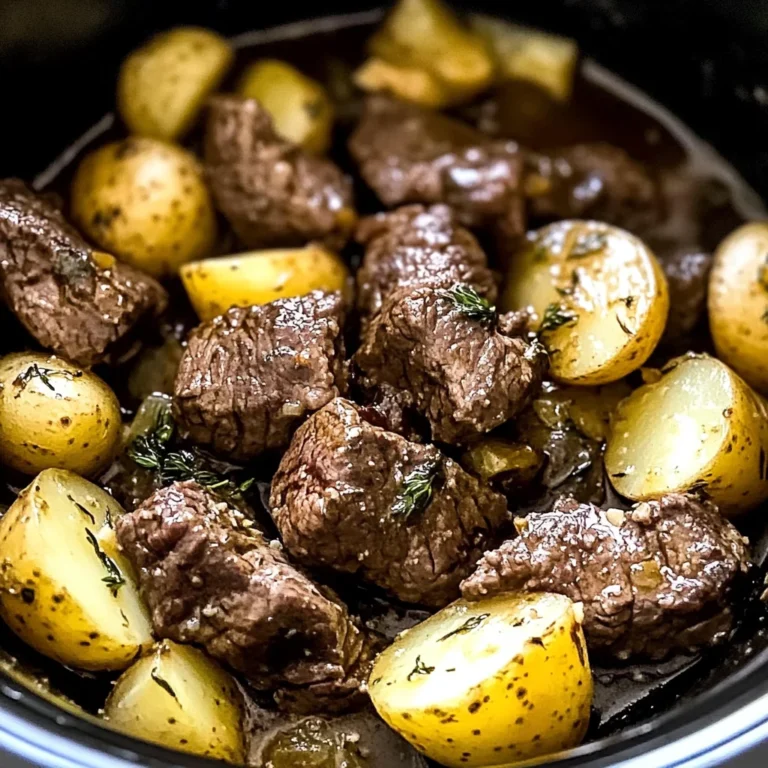 crockpot garlic butter beef bites with potatoes